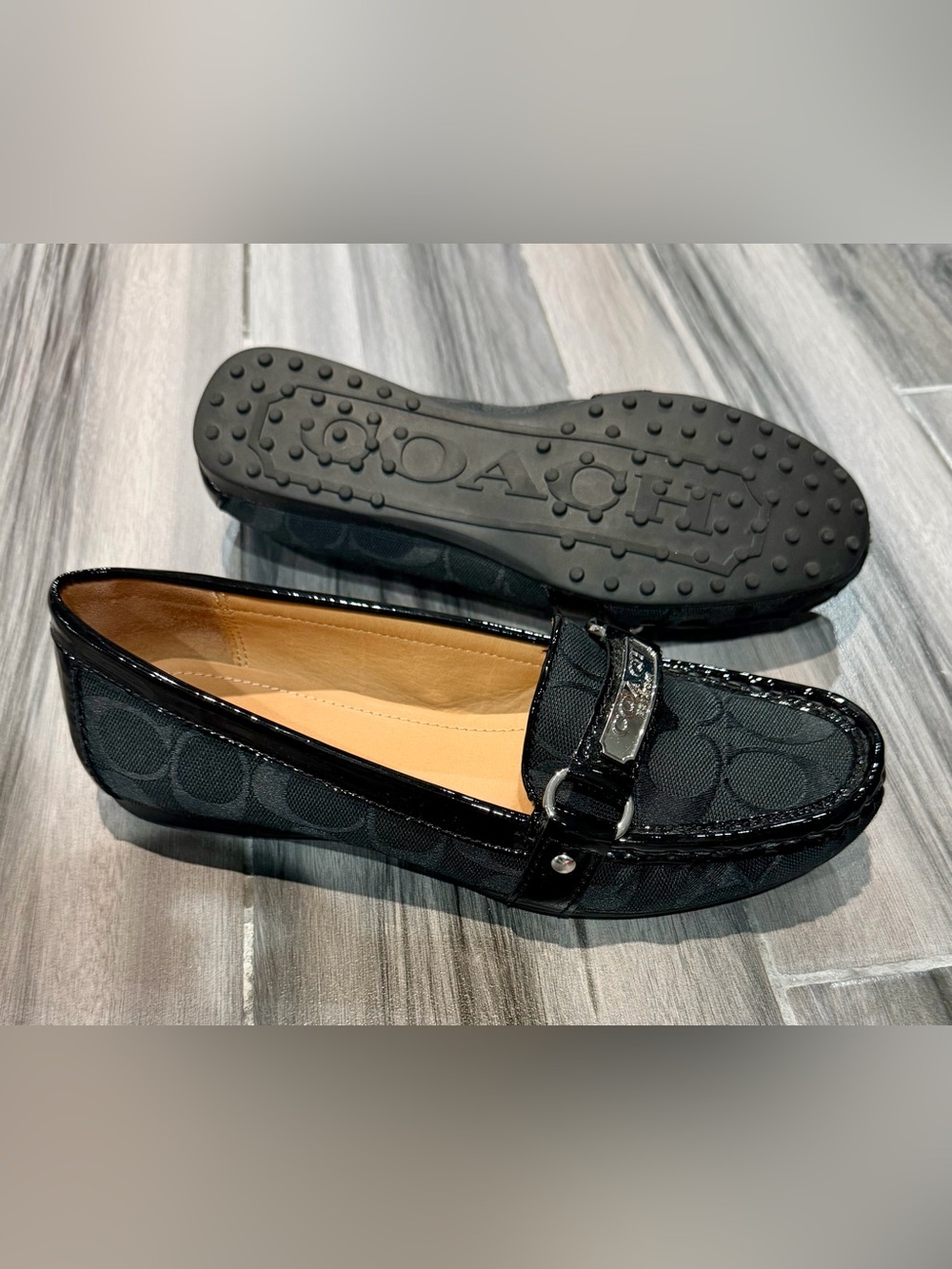 Coach Black Signature Jacquard Driving Loafers with Patent Trim